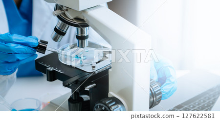 Modern medical research laboratory. female scientist working with micro pipettes analyzing biochemical samples, advanced science chemical laboratory 127622581