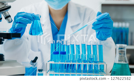 Modern medical research laboratory. female scientist working with micro pipettes analyzing biochemical samples, advanced science chemical laboratory 127622582