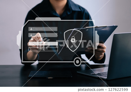Cyber security concept, Login, User, identification information security and encryption, secure access to user's personal information woman using smart phone and tablet Cyber security concept, Login, User, identification information security and encryption, secure access to user's personal information woman using smart phone and tablet 127622599