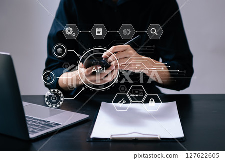 API Application Programming Interface, woman using laptop, tablet and smartphone with virtual screen API icon Software development tool, modern technology and networking concept. API Application Programming Interface, woman using laptop, tablet and smartphone with virtual screen API icon Software development tool, modern technology and networking concept. 127622605