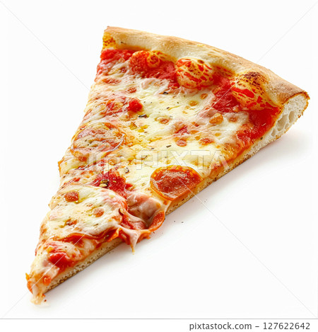 A perfect slice of pepperoni pizza, featuring melted mozzarella cheese and rich tomato sauce on a golden crust, isolated on a white background 127622642