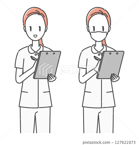 插圖素材：面帶微笑的女護士填寫圖表和病人資訊（單色 | 簡單）<用於商業材料> 127622873