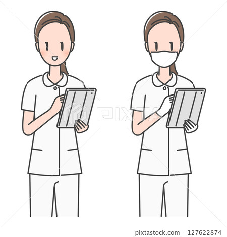 插圖素材：面帶微笑的女護士操作平板電腦並將資料輸入電子病歷（戴口罩和不戴口罩） 127622874