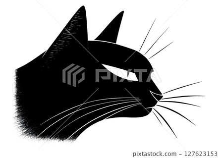 2D black and white high-contrast illustration of a black cat 127623153
