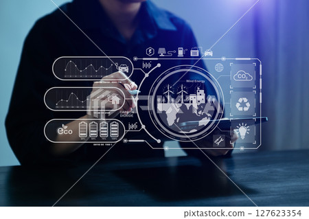 ESG concept of environmental, Green ethical business preserving resources, reducing CO2, Business person working on laptop virtual smartphone to reduce CO2 127623354