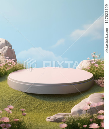 A cute podium Show products among the meadows A cute podium Show products among the meadows 127623399