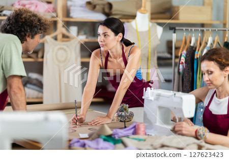 Man tailor and female dressmaker sketching dress designs on paper. Woman working on sewing machine 127623423