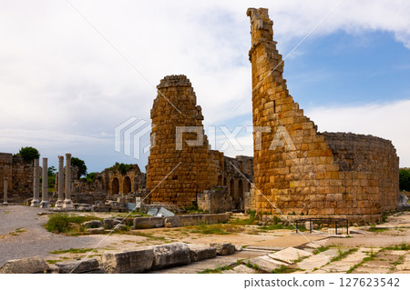 Ruins of Hellenistic gate of Pamphylian ancient city Perge 127623542