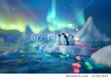 Aurora sky, icebergs and penguins (3D) 127623685