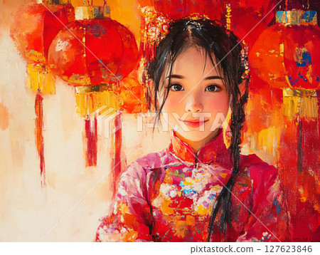 Little Asian girl wearing red traditional Chinese cheongsam. AI Generated. Little Asian girl wearing red traditional Chinese cheongsam. AI Generated. 127623846