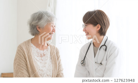 A female doctor carefully listening to an elderly woman 127623948