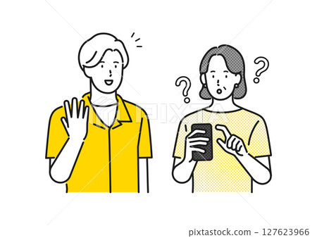 插畫素材:一位老年婦女看著智慧型手機,一位男士和她說話的插圖 插畫素材:一位老年婦女看著智慧型手機,一位男士和她說話的插圖 127623966