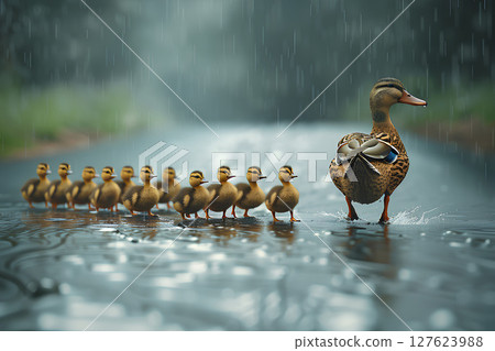 A duck with its parents and many ducklings on a rainy day A duck with its parents and many ducklings on a rainy day 127623988