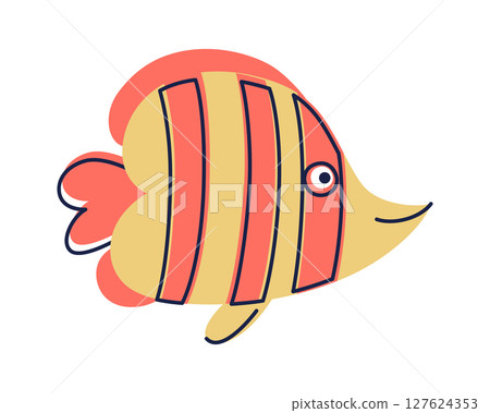 Flat cartoon vector illustration of bright striped butterfly fish character. Colorful tropical marine animal in cute kids style for ocean themed designs, educational materials, nursery decor, posters Flat cartoon vector illustration of bright striped butterfly fish character. Colorful tropical marine animal in cute kids style for ocean themed designs, educational materials, nursery decor, posters 127624353