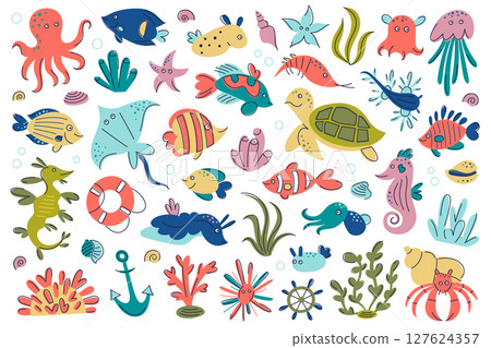 Flat cartoon vector illustration set of colorful sea animals and exotic marine creatures in bright kids style. Coral reef underwater world with ocean wildlife, sea plants, shells, for childrens design Flat cartoon vector illustration set of colorful sea animals and exotic marine creatures in bright kids style. Coral reef underwater world with ocean wildlife, sea plants, shells, for childrens design 127624357