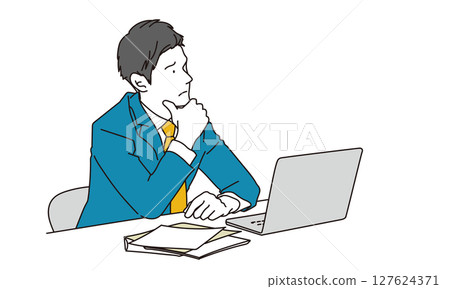 Illustration material of a businessman worried in front of a computer 127624371