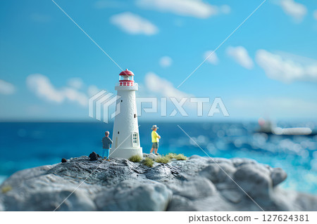 Lighthouse on a rock face and blue sea (3D)-1 Lighthouse on a rock face and blue sea (3D)-1 127624381