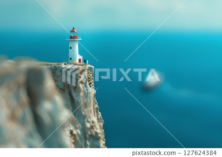 岩壁上的燈塔和藍色的大海（3D）-1 127624384