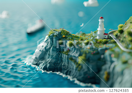 岩壁上的燈塔和藍色的大海（3D）-1 127624385
