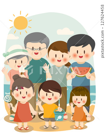 一個可愛的插圖,一家人在夏天在海灘上閒逛 一個可愛的插圖,一家人在夏天在海灘上閒逛 127624458