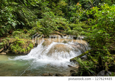 Small river and waterfall in Tentena rainforest, Sulawesi, Indonesia Small river and waterfall in Tentena rainforest, Sulawesi, Indonesia 127624485