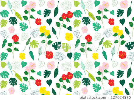 Tropical leaves and hibiscus material pattern 1 127624570