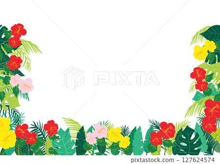 Flat design tropical leaves and hibiscus material frame 3 127624574