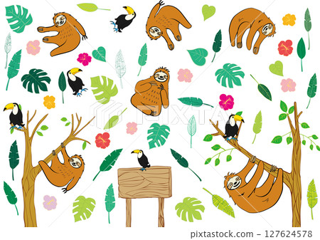 可愛的樹懶和葉子扁平材料套裝 127624578