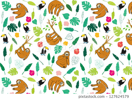 可愛的樹懶和樹葉平面材料圖案 1 127624579