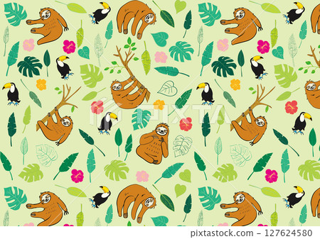 Cute sloth and leaves flat material pattern 2 127624580