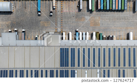 Aerial view semi truck cargo trailer at logistic park warehouse goods, Distribution warehouse shipping supply chain, Business transportation logistic freight shipping cargo by semi truck cargo trailer 127624717