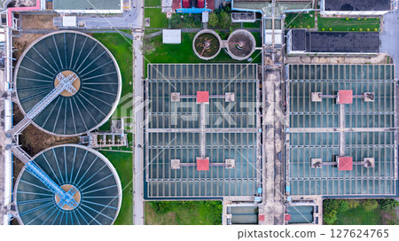 Aerial view circular clarifier tank at watewater treatment plant, Industrial infrastucture, Environment technology sustainable water management system, Semimentation tank circular clarifier. 127624765