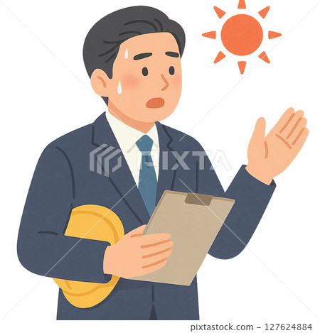 一位西裝革履的男士在烈日下揮汗如雨地在現場發出指示的插圖，一位商人在酷熱的戶外發出工作指示的插圖 127624884