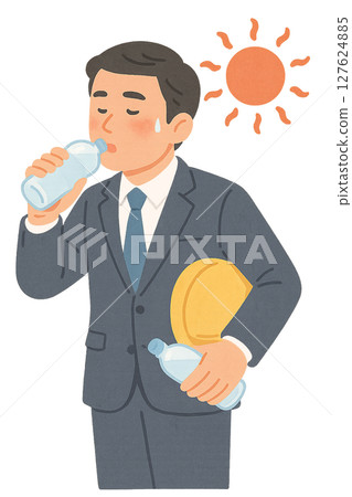 一名身穿西裝的男子在酷熱中在戶外補水的插圖，一名商人在烈日下採取措施防暑的插圖， 127624885