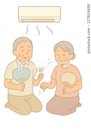 Elderly couple enduring the heat with an air conditioner and a folding fan, Heat prevention measures for the elderly to prevent heatstroke indoors, Elderly couple suffering from the heat in summer Elderly couple enduring the heat with an air conditioner and a folding fan, Heat prevention measures for the elderly to prevent heatstroke indoors, Elderly couple suffering from the heat in summer 127624888