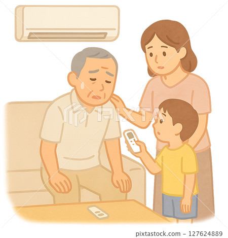 一位老人在空調房間內生病，一位家庭成員在室內注意到中暑的插圖，老年人的防暑措施 127624889