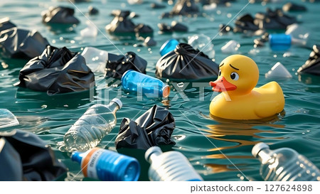一隻被倒在海裡的塑膠垃圾包圍的橡皮鴨 127624898