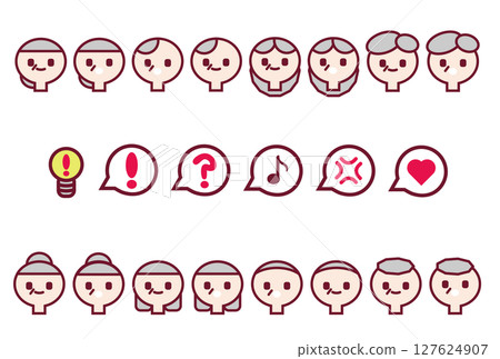 簡單易用的老年男性和女性及其情緒圖標集 127624907