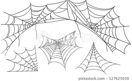 Spiderweb corner line border, gothic scary hanging net frame. Simple spooky halloween decoration. Cobweb spider trap. 127625039