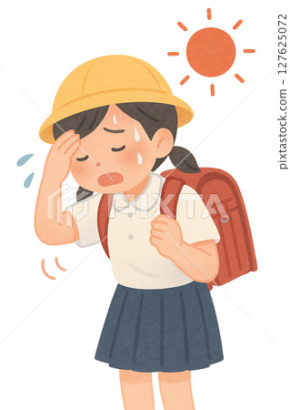 一名小學生因酷暑而生病，一名孩子在盛夏上學途中生病，一名小學生在烈日下停下 127625072