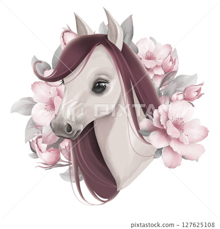 Hand-drawn illustration of graceful horse head with flowing maroon mane, surrounded by soft pink flowers. Perfect for nursery decor, wall art or spring animal cards 127625108