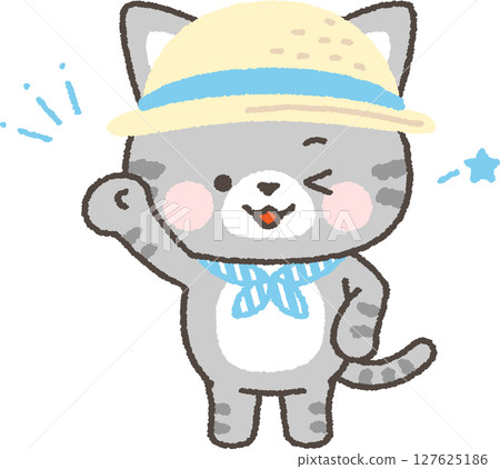 一隻虎斑貓用涼爽的毛巾和帽子抵禦高溫 一隻虎斑貓用涼爽的毛巾和帽子抵禦高溫 127625186