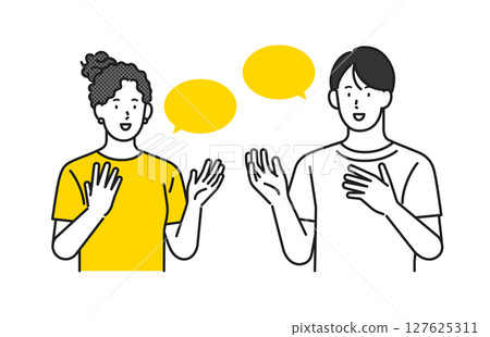 圖：年輕男女用英語（一門外語）交談 127625311