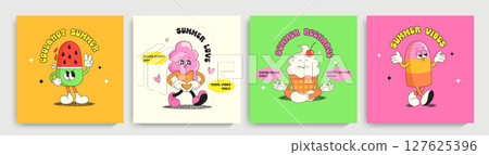 Set summer bright cards with ice cream characters,funny summer food-sundae, gelato with different emotions. Happy sweet kawaii smiling delicacy. Template for greeting,poster,leaflet, flyer, web.Vector 127625396