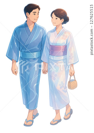 兩人穿著夏日浴衣漫步，清爽的愛情瞬間，夏日祭典上牽手的約會 127625515