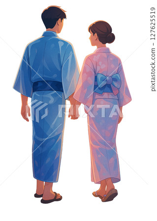 夏夜裡穿著浴衣散步的兩人，燈光照亮的夏日回憶，穿著浴衣的情侶安靜的回家之路 127625519