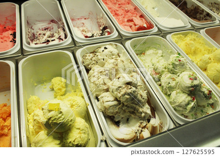 Weight ice cream in the freezer. Sale of summer dessert Weight ice cream in the freezer. Sale of summer dessert 127625595