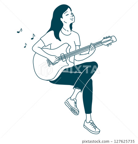 A woman playing the guitar comfortably 127625735