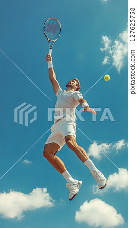 tennis player jumping midair with racket raised. 127625758
