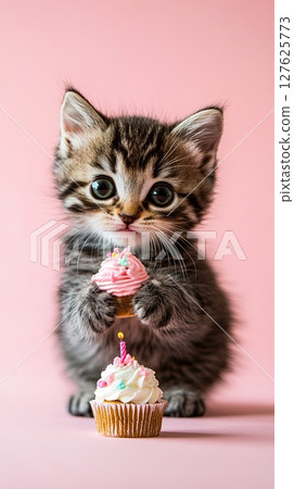 Kitten with a tiny birthday cake on soft-colored background. Kitten with a tiny birthday cake on soft-colored background. 127625773